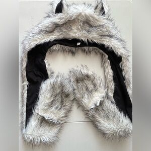 Faux Fur Wolf Hood With Scarf Mitten Paws